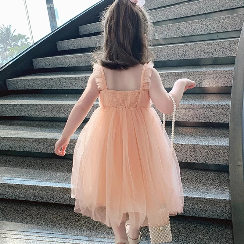 Girls Shoulder Straps Semi Sheer Ruffled Fit & Flare Dress