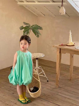 Girls Solid Round Neck Gathered or Pleated Cotton A-Line Dress