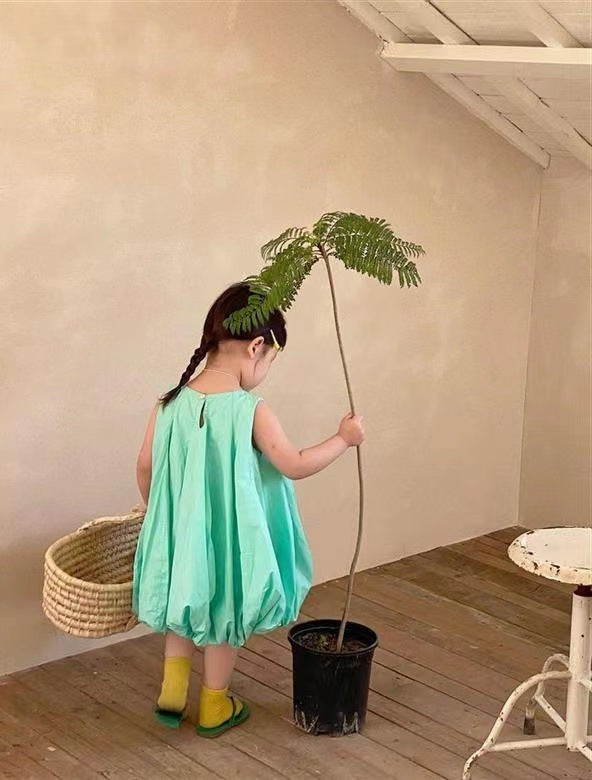 Girls Solid Round Neck Gathered or Pleated Cotton A-Line Dress