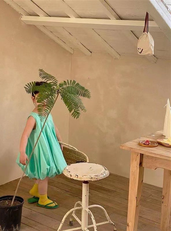 Girls Solid Round Neck Gathered or Pleated Cotton A-Line Dress