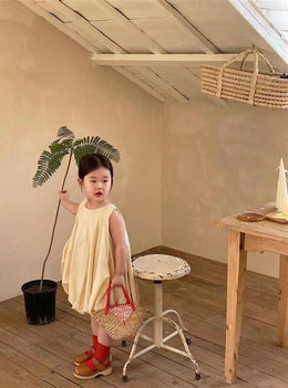 Girls Solid Round Neck Gathered or Pleated Cotton A-Line Dress