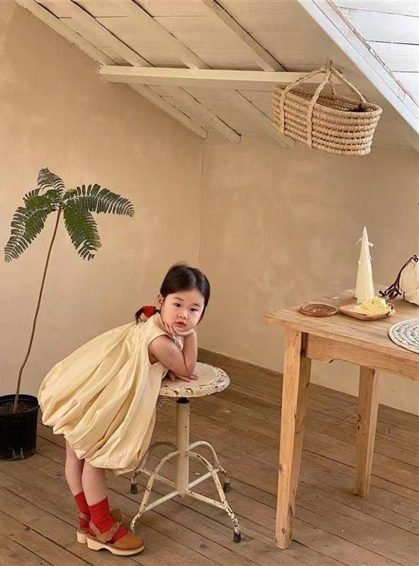 Girls Solid Round Neck Gathered or Pleated Cotton A-Line Dress