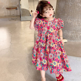 Girls Floral Printed Gathered or Pleated Cotton A-Line Dress