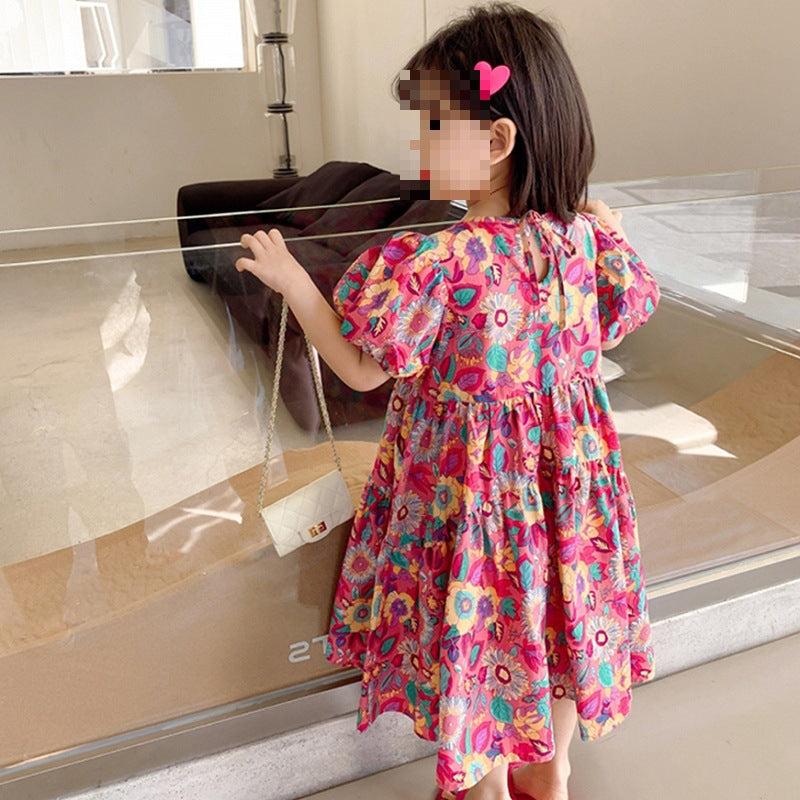 Girls Floral Printed Gathered or Pleated Cotton A-Line Dress