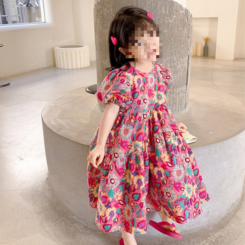 Girls Floral Printed Gathered or Pleated Cotton A-Line Dress