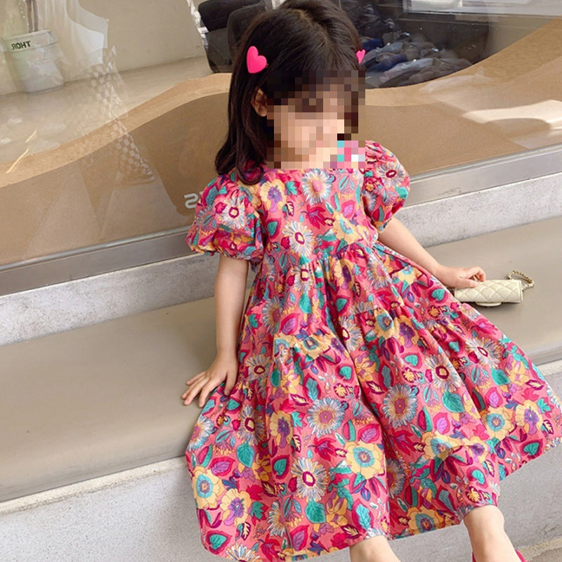 Girls Floral Printed Gathered or Pleated Cotton A-Line Dress