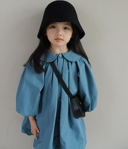 Girls Solid Peter Pan Collar Gathered or Pleated Cotton A-Line Dress