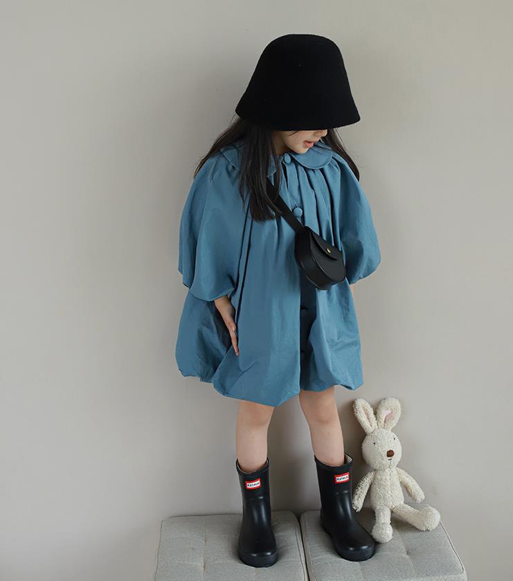 Girls Solid Peter Pan Collar Gathered or Pleated Cotton A-Line Dress