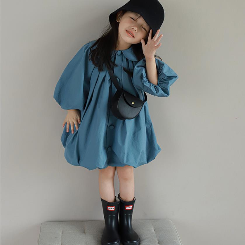 Girls Solid Peter Pan Collar Gathered or Pleated Cotton A-Line Dress
