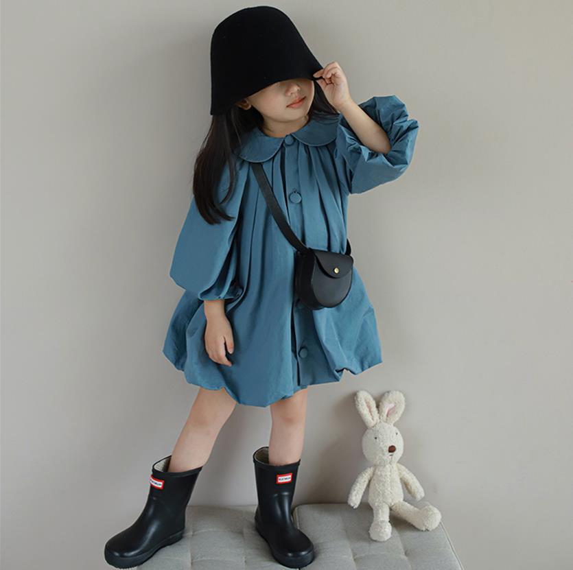 Girls Solid Peter Pan Collar Gathered or Pleated Cotton A-Line Dress