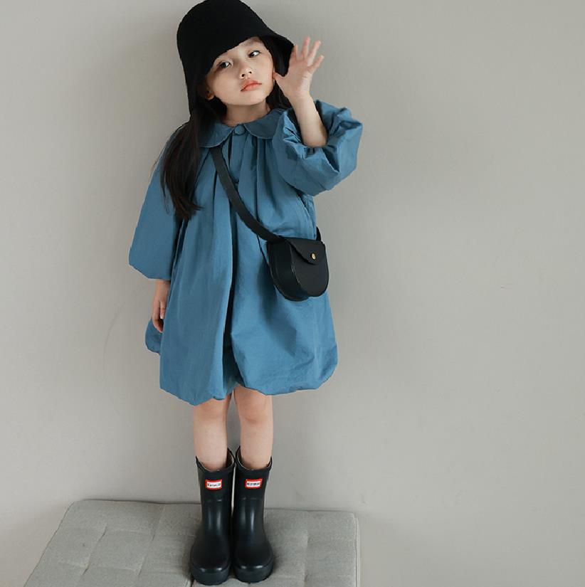 Girls Solid Peter Pan Collar Gathered or Pleated Cotton A-Line Dress