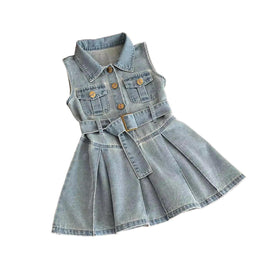 Girls Solid Shirt Collar Gathered or Pleated Cotton A-Line Dress