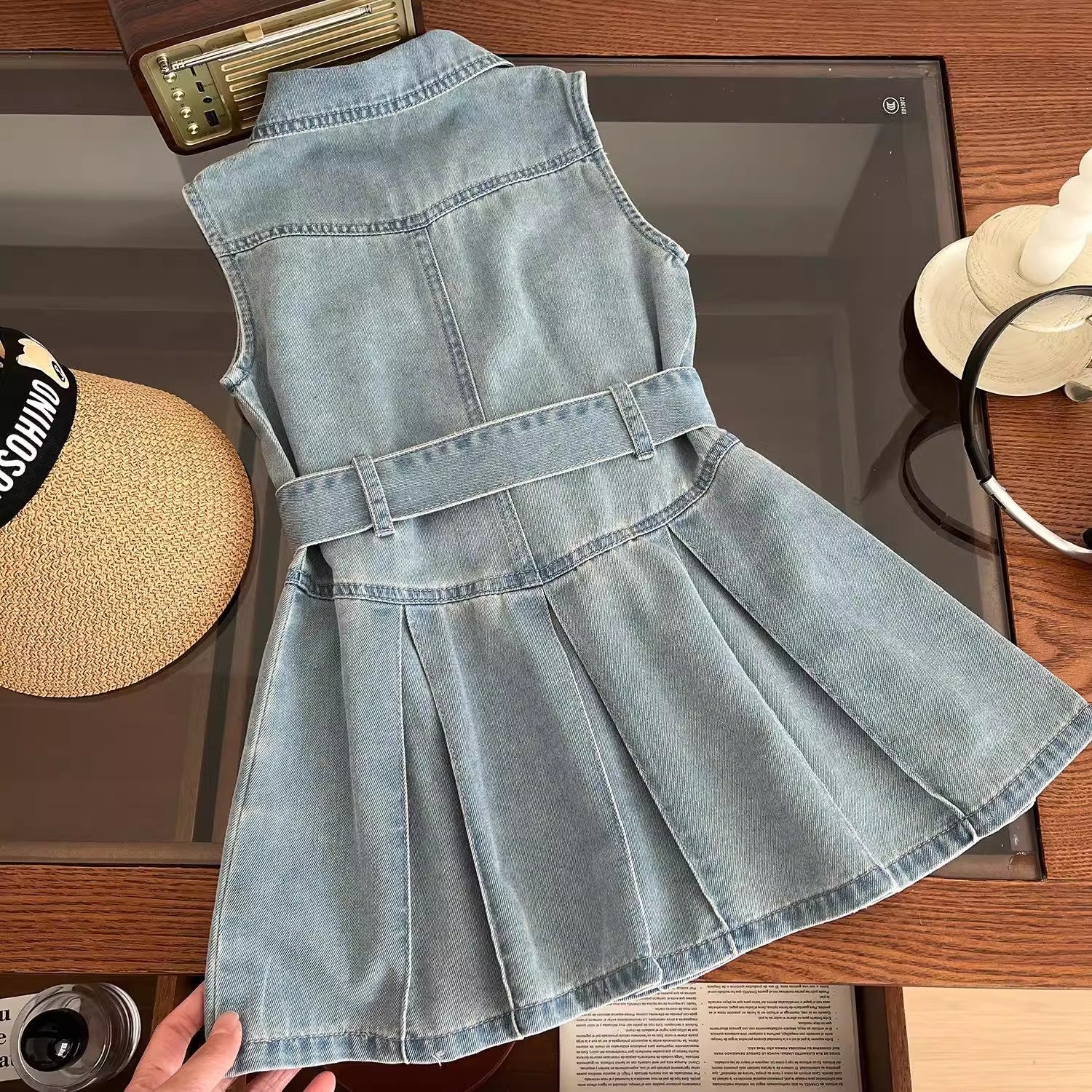 Girls Solid Shirt Collar Gathered or Pleated Cotton A-Line Dress