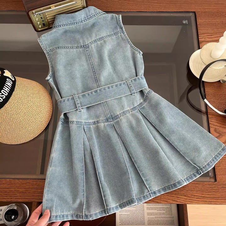 Girls Solid Shirt Collar Gathered or Pleated Cotton A-Line Dress