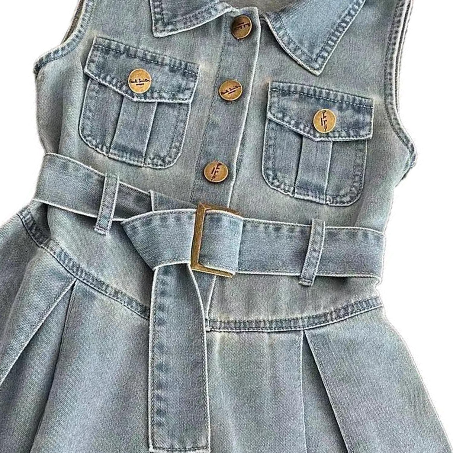 Girls Solid Shirt Collar Gathered or Pleated Cotton A-Line Dress