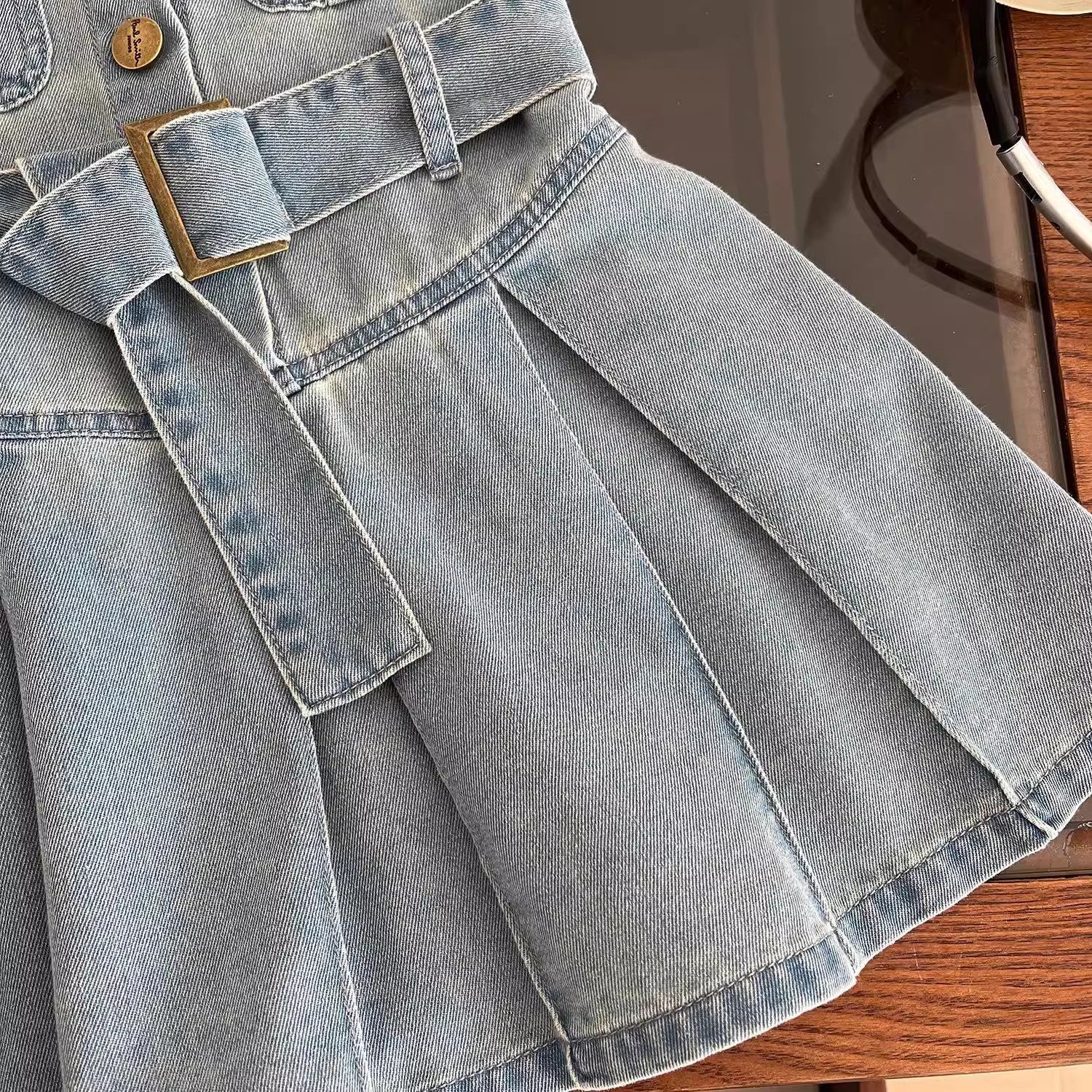 Girls Solid Shirt Collar Gathered or Pleated Cotton A-Line Dress