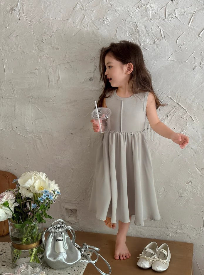 Girls Solid Round Neck Gathered or Pleated Cotton A-Line Dress