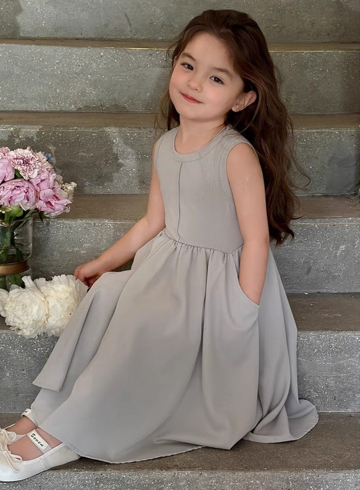 Girls Solid Round Neck Gathered or Pleated Cotton A-Line Dress
