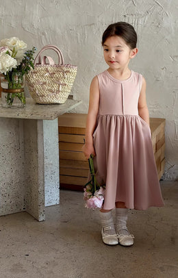Girls Solid Round Neck Gathered or Pleated Cotton A-Line Dress