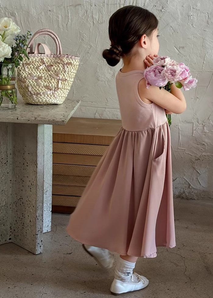 Girls Solid Round Neck Gathered or Pleated Cotton A-Line Dress