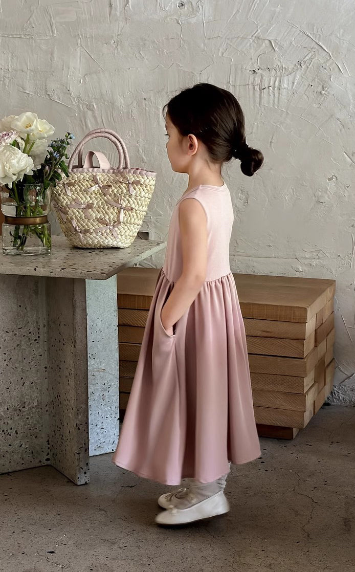 Girls Solid Round Neck Gathered or Pleated Cotton A-Line Dress