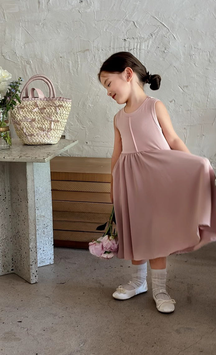 Girls Solid Round Neck Gathered or Pleated Cotton A-Line Dress