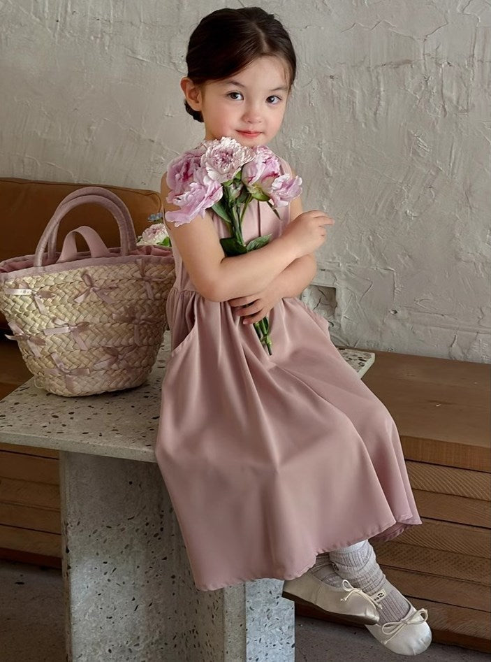 Girls Solid Round Neck Gathered or Pleated Cotton A-Line Dress
