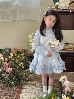 Girls Solid Shirt Collar Ruffles Cotton A-Line Dress