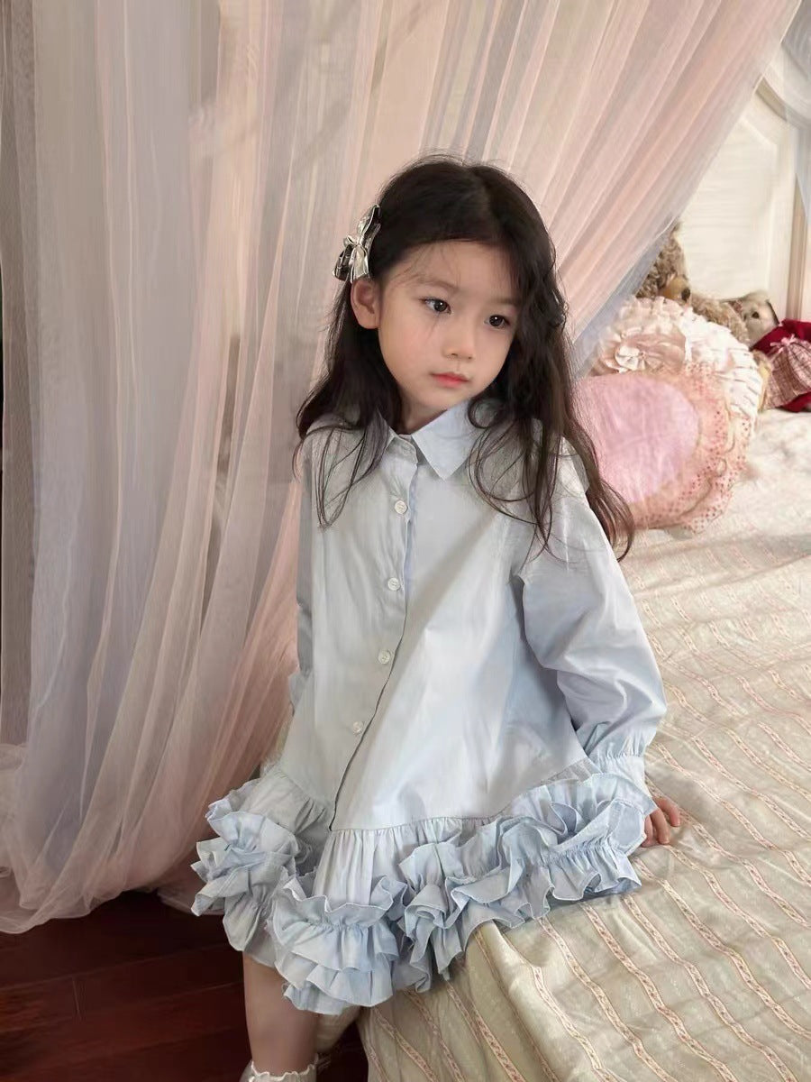 Girls Solid Shirt Collar Ruffles Cotton A-Line Dress