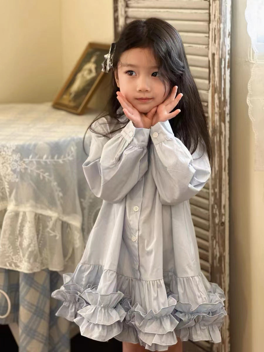 Girls Solid Shirt Collar Ruffles Cotton A-Line Dress
