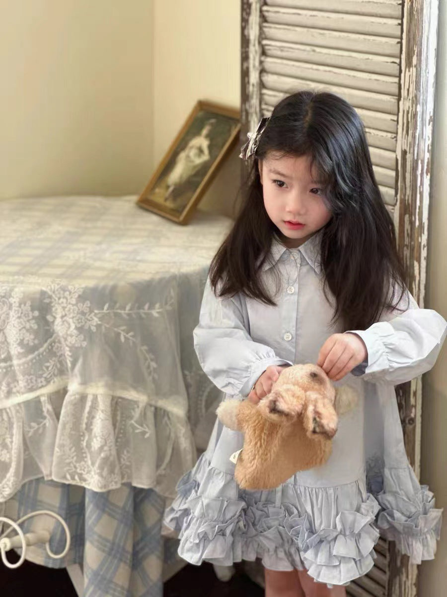 Girls Solid Shirt Collar Ruffles Cotton A-Line Dress
