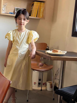 Girls Puff Sleeve Ruched A-Line Midi Dress