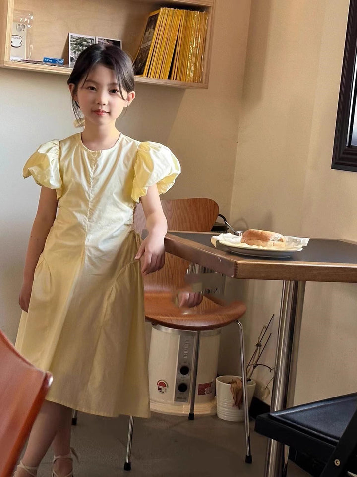 Girls Puff Sleeve Ruched A-Line Midi Dress