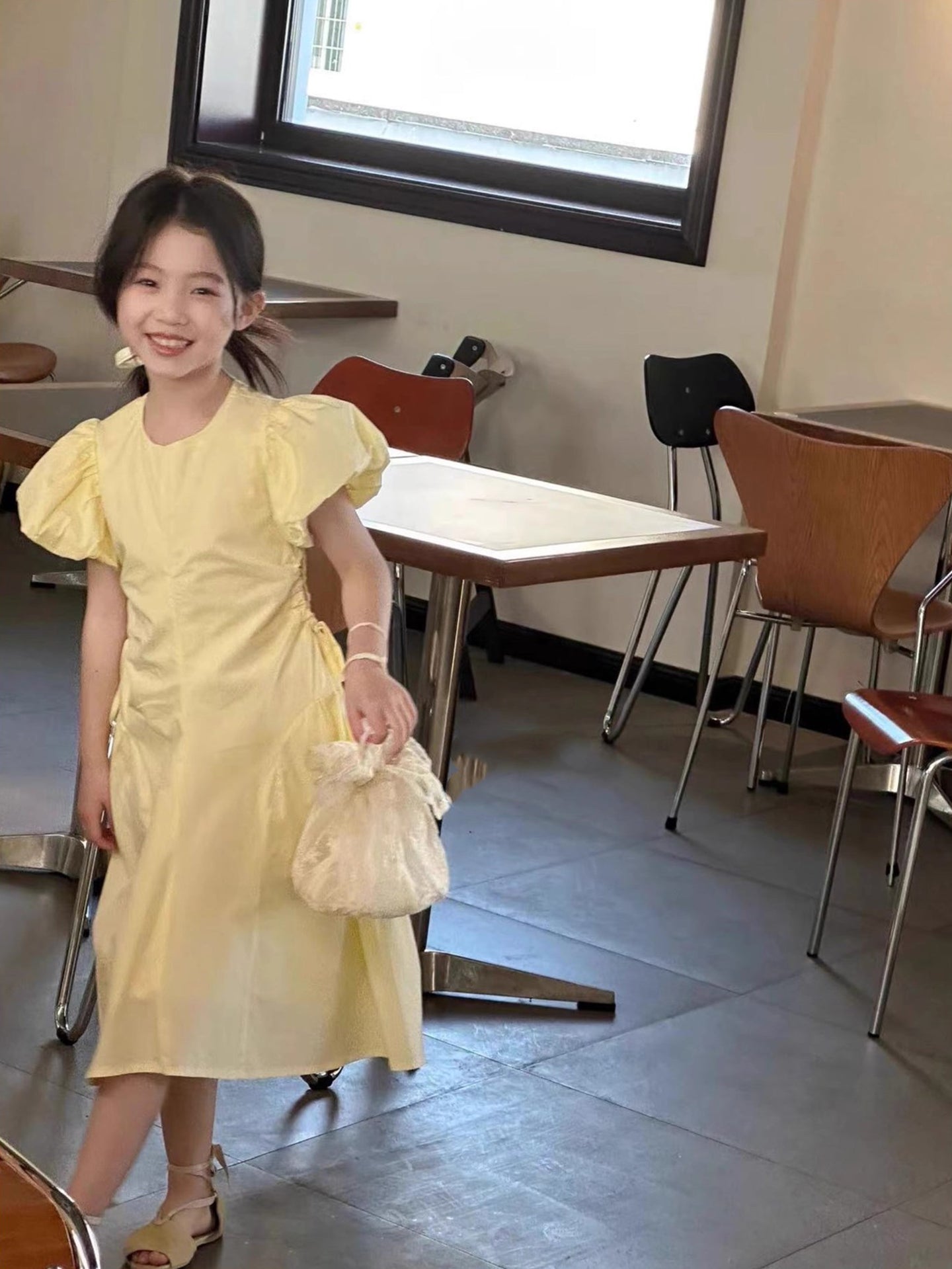 Girls Puff Sleeve Ruched A-Line Midi Dress
