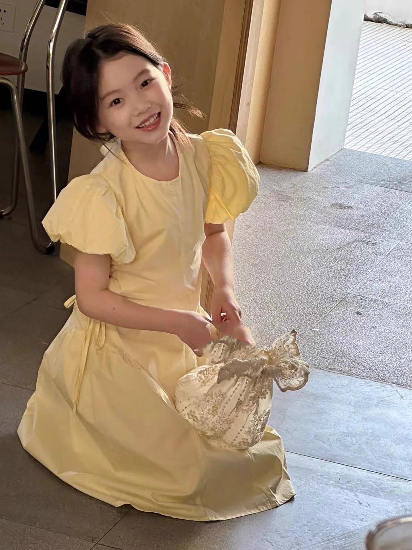 Girls Puff Sleeve Ruched A-Line Midi Dress