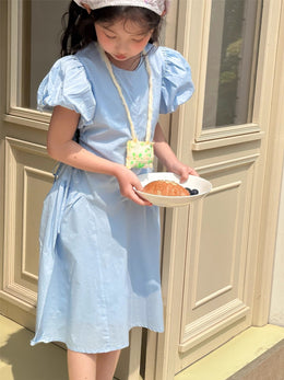 Girls Solid Round Neck Gathered or Pleated Cotton A-Line Dress