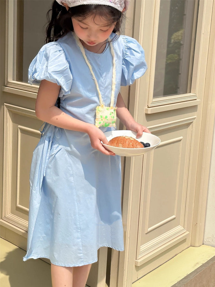 Girls Solid Round Neck Gathered or Pleated Cotton A-Line Dress