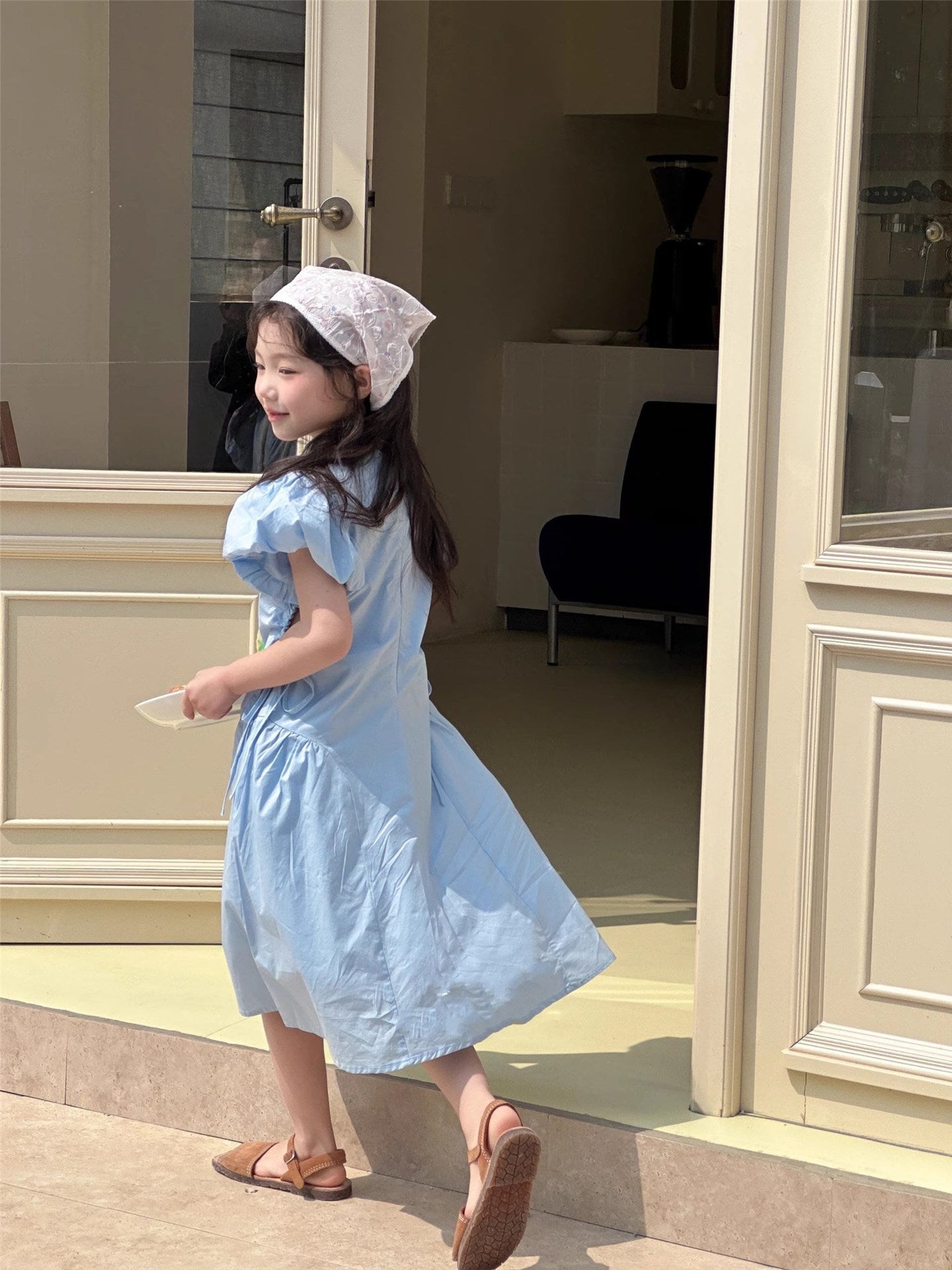 Girls Solid Round Neck Gathered or Pleated Cotton A-Line Dress