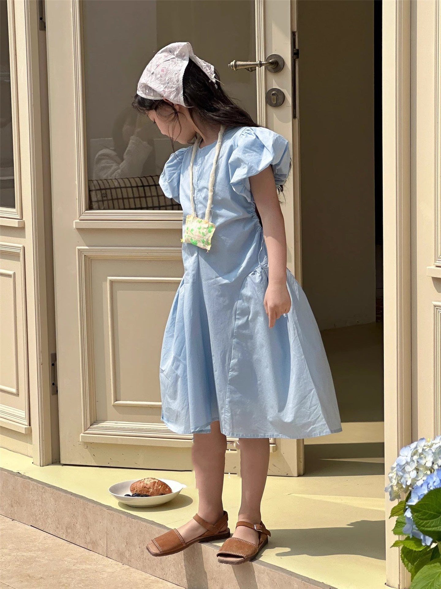 Girls Solid Round Neck Gathered or Pleated Cotton A-Line Dress