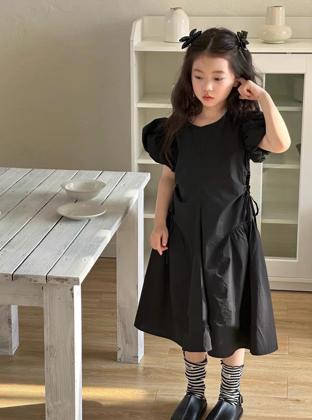 Girls Solid Round Neck Gathered or Pleated Cotton A-Line Dress