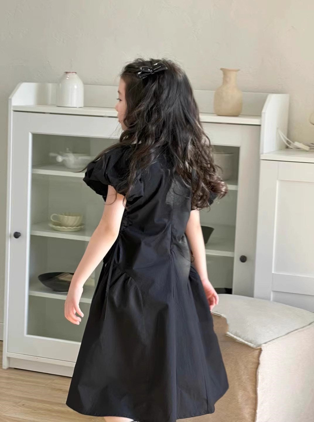 Girls Solid Round Neck Gathered or Pleated Cotton A-Line Dress