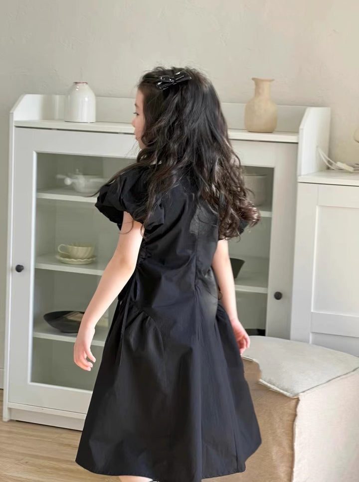 Girls Solid Round Neck Gathered or Pleated Cotton A-Line Dress