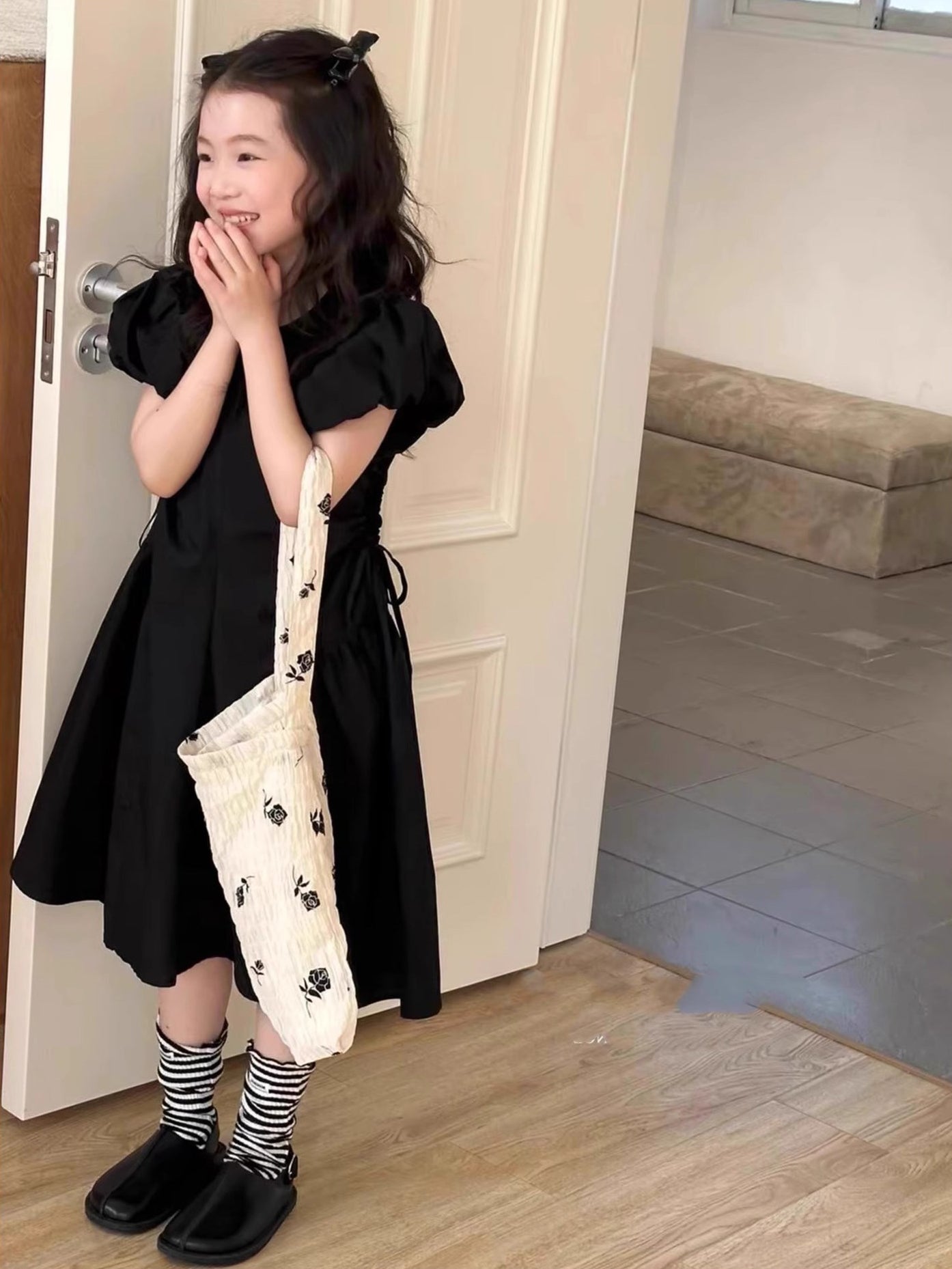 Girls Solid Round Neck Gathered or Pleated Cotton A-Line Dress