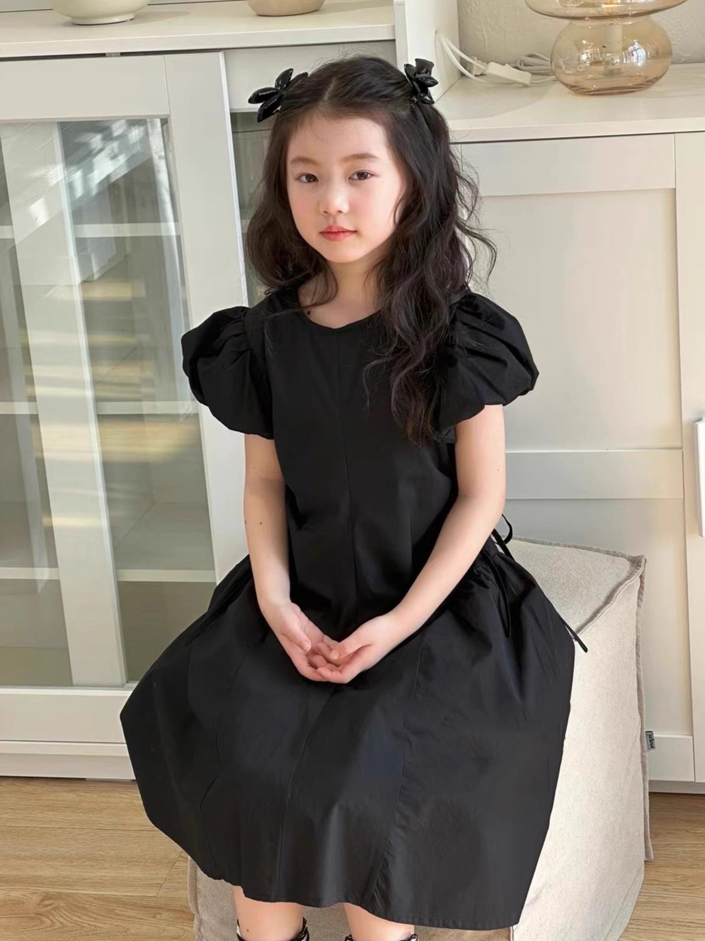 Girls Solid Round Neck Gathered or Pleated Cotton A-Line Dress