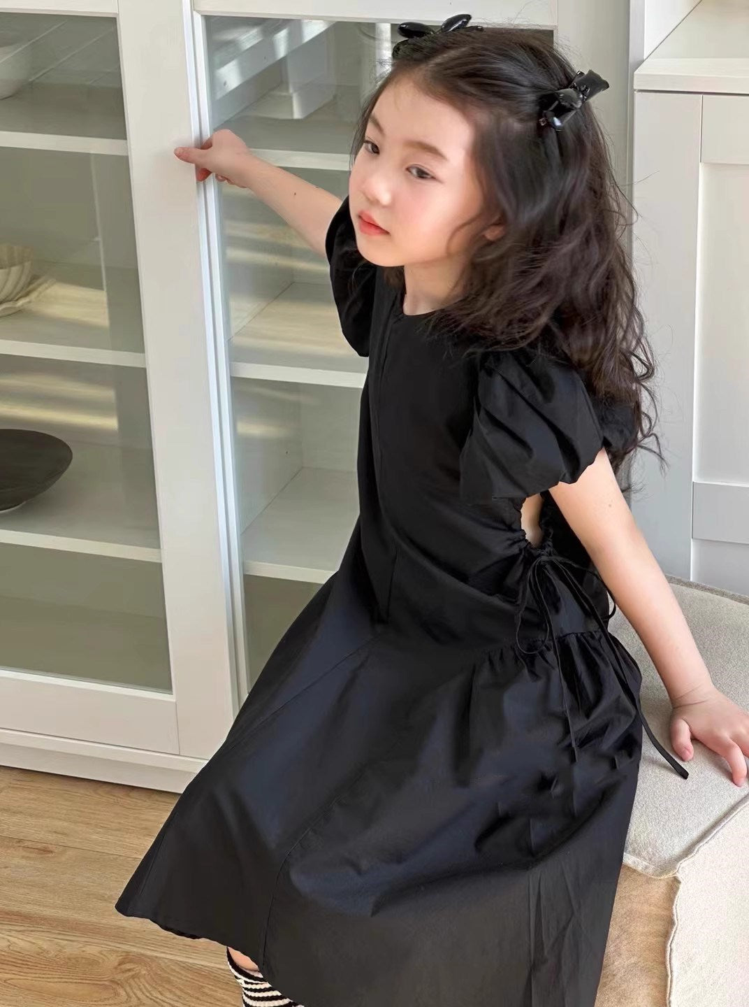 Girls Solid Round Neck Gathered or Pleated Cotton A-Line Dress