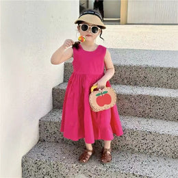 Girls Solid Round Neck Gathered or Pleated Cotton A-Line Dress