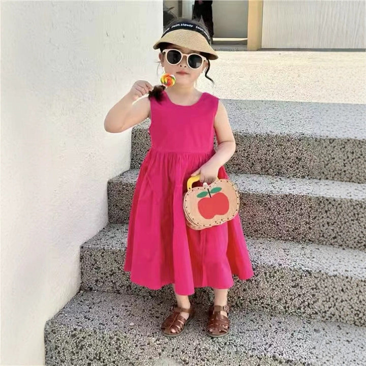 Girls Solid Round Neck Gathered or Pleated Cotton A-Line Dress