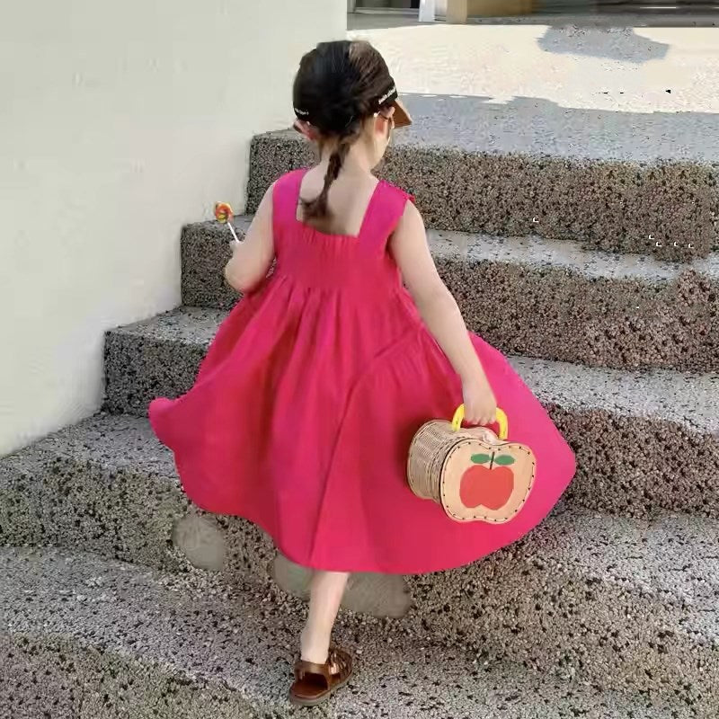 Girls Solid Round Neck Gathered or Pleated Cotton A-Line Dress