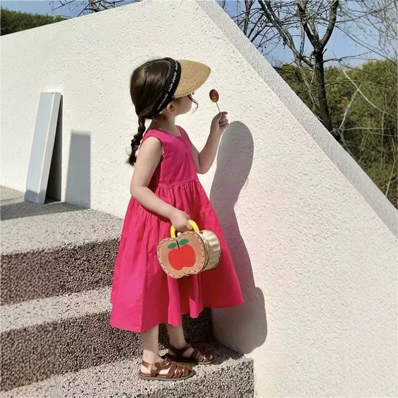 Girls Solid Round Neck Gathered or Pleated Cotton A-Line Dress