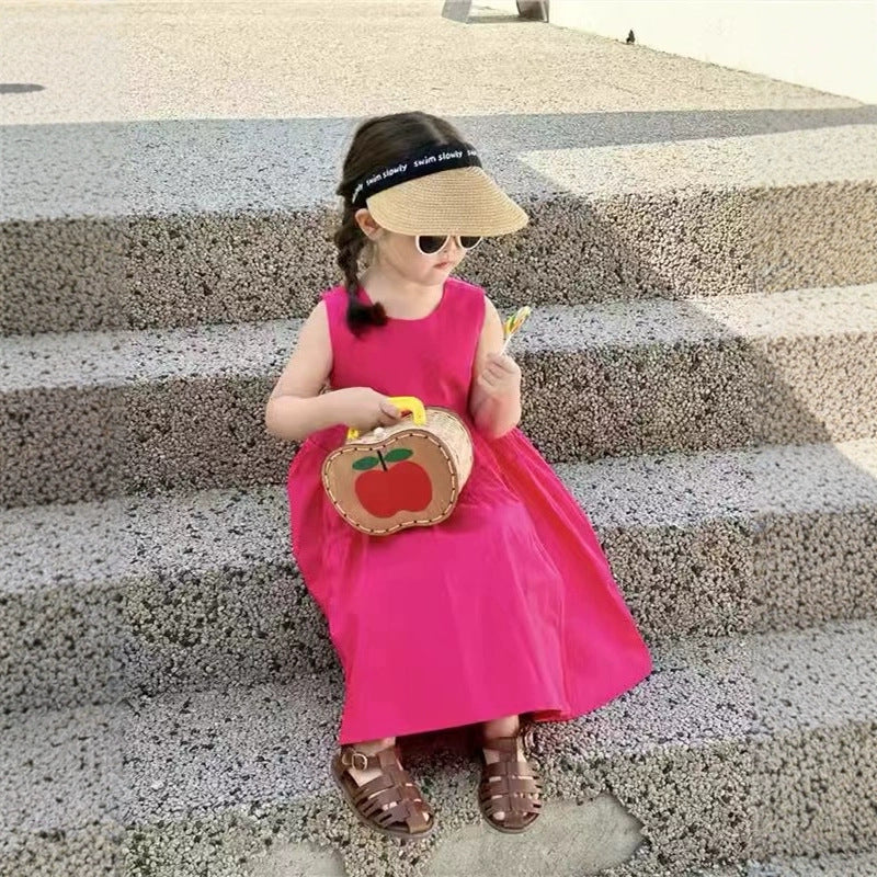 Girls Solid Round Neck Gathered or Pleated Cotton A-Line Dress